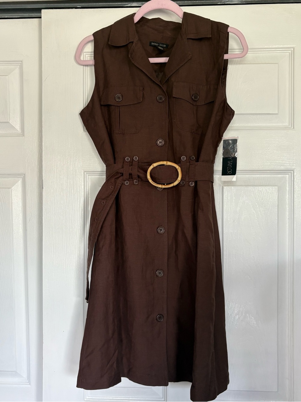 Sleeveless Brown Shirt Midi Dress with Belt